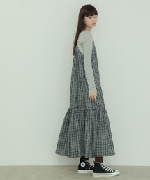 チェック柄ティアードキャミソールワンピース / キャミワンピ ロング丈 バックコンシャス リボン