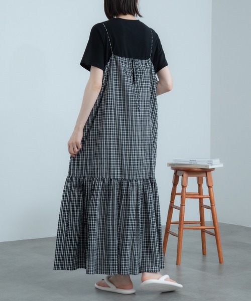 チェック柄ティアードキャミソールワンピース / キャミワンピ ロング丈