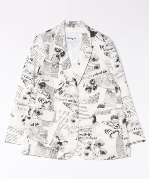 美品 デシグアル Desigual ハワイアンフラワー ジャケット 白 ホワイト セール】テキストと花柄のストレートブレザー（テーラード