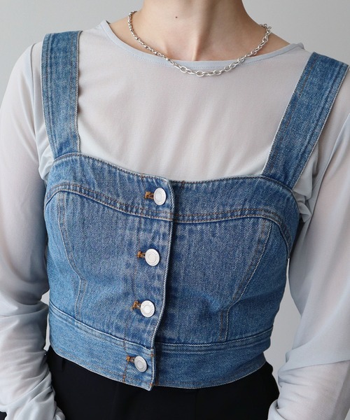 earth music&ecology（アースミュージックアンドエコロジー）の「フロントボタンデニムビスチェ（ベスト・レディース・インディゴブルー/ブラック・FREE）」の9枚目の写真