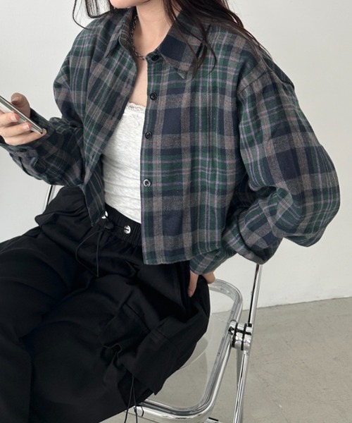 エパレッタ ショート シャツ グレー系チェック セール】ショート丈チェックシャツ（シャツ/ブラウス）｜CLEA（クレア