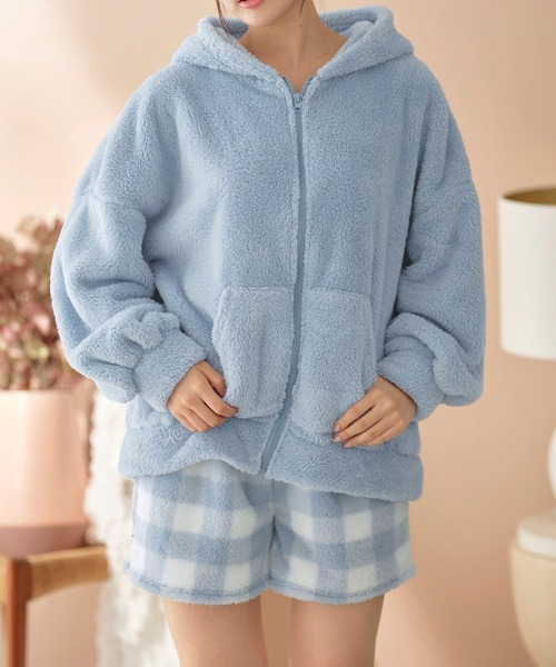 もこもこ上下セット】ボアジップパーカー＆ショートパンツ（ルーム