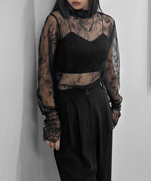 LVEU.(ラブユ.)の「【LVEU.】フレアカフスレースシアートップス / トップス カットソー シアー シースルー レース シャーリング ハイネック フレアカフス 長袖 レイヤード ブラック(Tシャツ/カットソー・レディース・ブラック・FREE)」の8枚目の写真