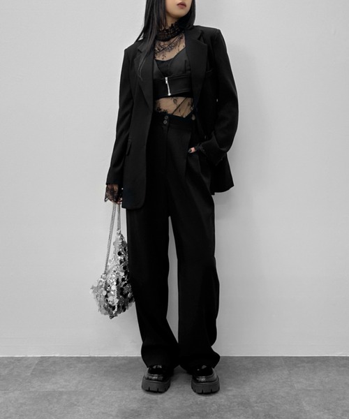 LVEU.(ラブユ.)の「【LVEU.】フレアカフスレースシアートップス / トップス カットソー シアー シースルー レース シャーリング ハイネック フレアカフス 長袖 レイヤード ブラック(Tシャツ/カットソー・レディース・ブラック・FREE)」の15枚目の写真