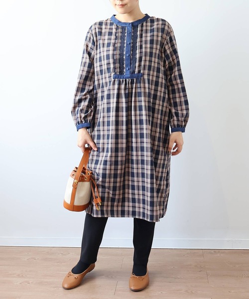 【セール】【L～6L 大きいサイズ】バンドカラーブロントピンタックワンピース（ワンピース）｜MB mint breeze（エムビーミントブリーズ）