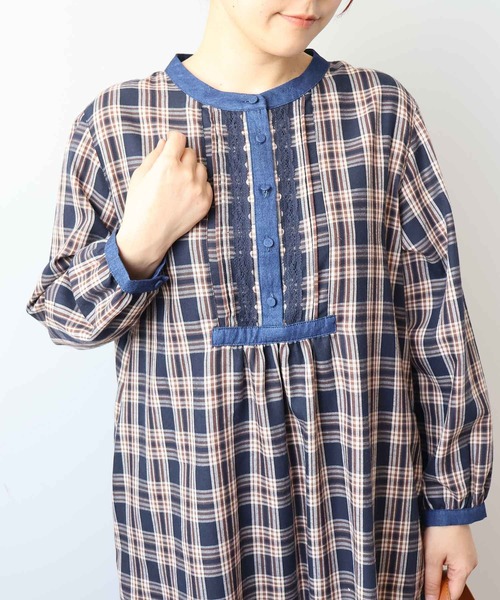 【セール】【L～6L 大きいサイズ】バンドカラーブロントピンタックワンピース（ワンピース）｜MB mint breeze（エムビーミントブリーズ）