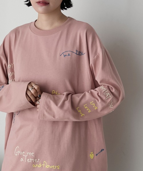 forksy.(フォルクシー)の「【forksy.】ランダム落書きロゴ刺繍ロングTシャツ(Tシャツ/カットソー・レディース・オフホワイト/杢グレー/ネイビー/スモークピンク・FREE)」の4枚目の写真