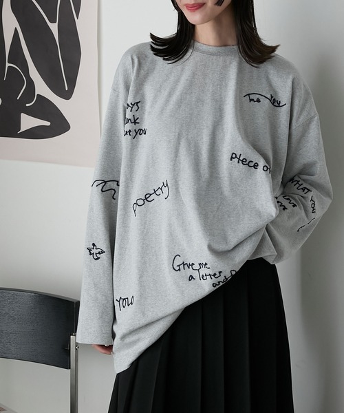 forksy.(フォルクシー)の「【forksy.】ランダム落書きロゴ刺繍ロングTシャツ(Tシャツ/カットソー・レディース・オフホワイト/杢グレー/ネイビー/スモークピンク・FREE)」の9枚目の写真