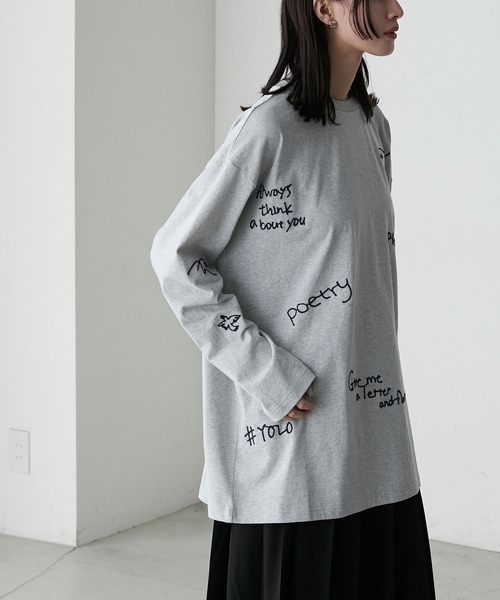 forksy.(フォルクシー)の「【forksy.】ランダム落書きロゴ刺繍ロングTシャツ(Tシャツ/カットソー・レディース・オフホワイト/杢グレー/ネイビー/スモークピンク・FREE)」の14枚目の写真