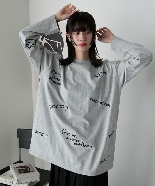 forksy.(フォルクシー)の「【forksy.】ランダム落書きロゴ刺繍ロングTシャツ(Tシャツ/カットソー・レディース・オフホワイト/杢グレー/ネイビー/スモークピンク・FREE)」の21枚目の写真