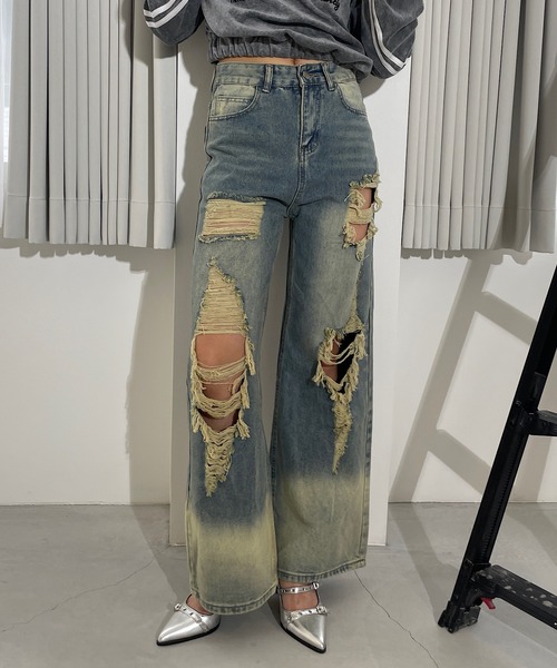 ROGER AND RAW(ロジャーアンドロウ)の「ダメージワイドデニムパンツ(デニムパンツ・レディース・ブルー・SMALL/MEDIUM)」の3枚目の写真