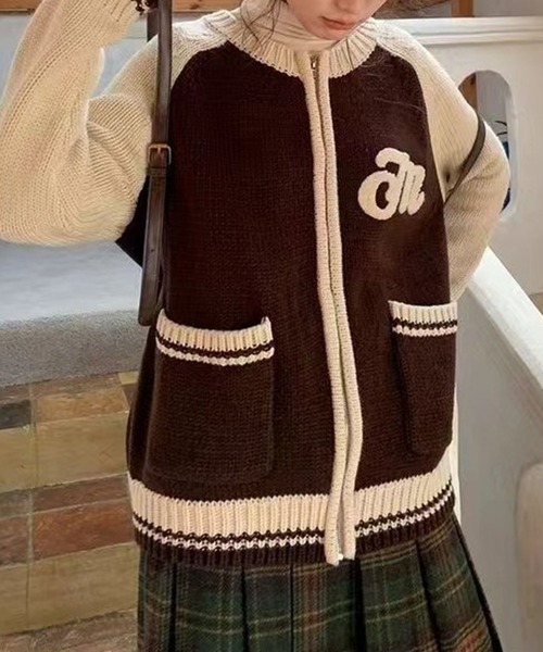 LYEON（リヨン）の「サガラ刺繍ジップアップニットブルゾン/ノーカラー配色ニットカーディガン（ブルゾン・レディース・ブラウン/ネイビー・FREE）」の6枚目の写真