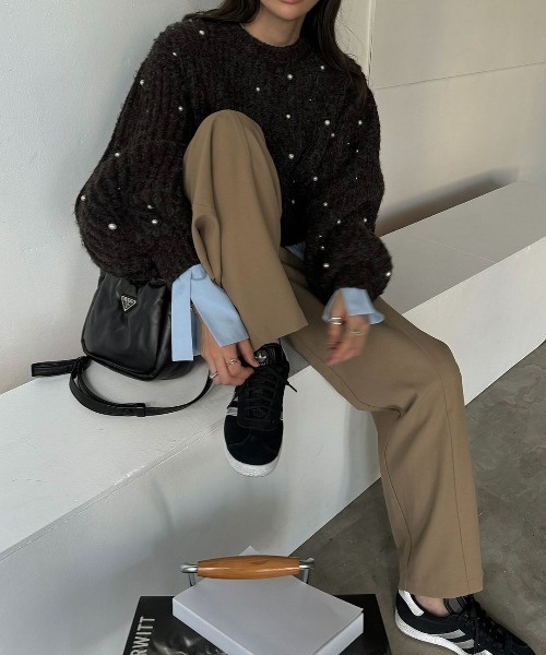 WILLFULLY パール付きダークブラウンリブセーター WILLFULLY パール付きダークブラウンリブセーター