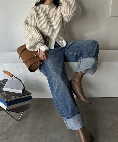 volume sleeve pearl studs short knit（ニット/セーター）｜WILLFULLY 