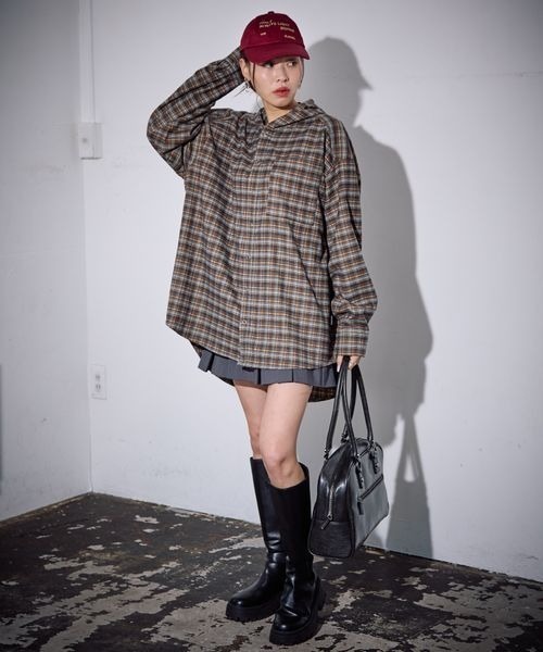 PBLIM（ページボーイリム）の「《UNISEX》チェックフーディシャツ（シャツ/ブラウス・レディース・ブラウン/ブルー・FREE）」の6枚目の写真