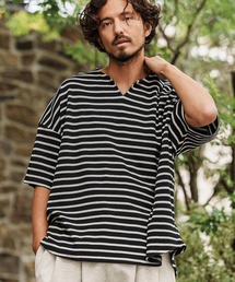 mt9421- Span Fraise Border Key Neck Short Sleeve Cut sew Tシャツ