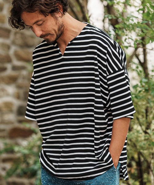 CAMBIO(カンビオ)の「mt9421- Span Fraise Border Key Neck Short Sleeve Cut sew Tシャツ(Tシャツ/カットソー・メンズ・ブラック×ホワイト/ブラック×グレー/グレー×ホワイト・S/M/L)」の19枚目の写真