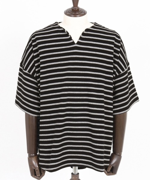 CAMBIO(カンビオ)の「mt9421- Span Fraise Border Key Neck Short Sleeve Cut sew Tシャツ(Tシャツ/カットソー・メンズ・ブラック×ホワイト/ブラック×グレー/グレー×ホワイト・S/M/L)」の15枚目の写真