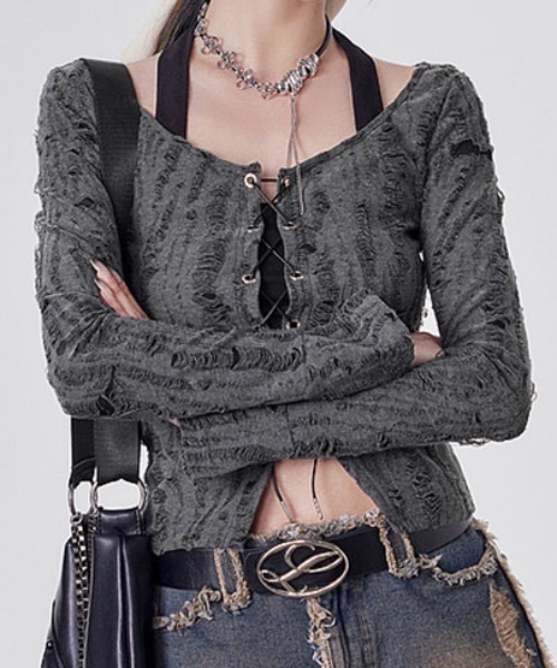 lilful(リルフル)の「【セットアイテム】ホルターネックキャミ グランジダメージレースアップカットソーカーディガン(Tシャツ/カットソー・レディース・ダークグレー・S/M/L)」の1枚目の写真