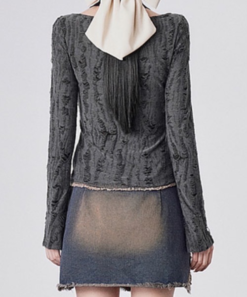 lilful(リルフル)の「【セットアイテム】ホルターネックキャミ グランジダメージレースアップカットソーカーディガン(Tシャツ/カットソー・レディース・ダークグレー・S/M/L)」の5枚目の写真