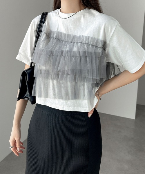 andme(アンドミー)の「フリルチュールドッキングビスチェ風トップス(Tシャツ/カットソー・レディース・ホワイト×ホワイト/ホワイト×ライトグレー/ホワイト×ピンク/チャコールグレー×ブラック・M)」の3枚目の写真