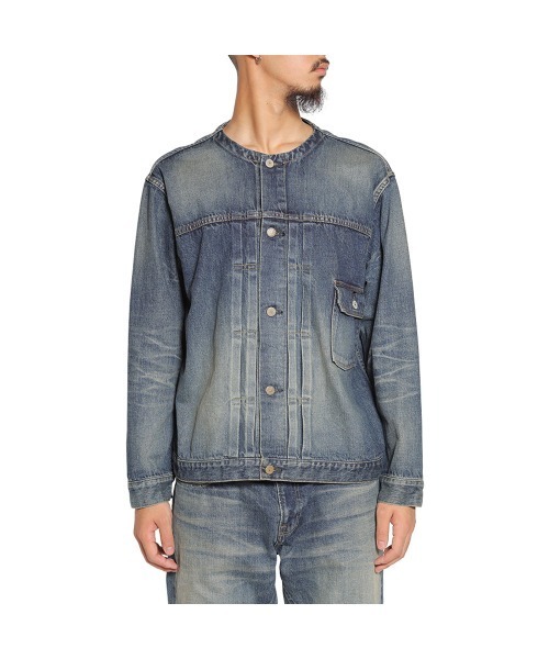 【タグ付き未使用】 CALEE 1st ノーカラー デニムジャケット S CALEE - 1st type no collar denim jacket -one wash- (Ow Indigo blue