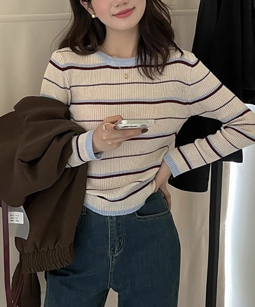 Vipoa(ヴィポア)の「カラーボーダーリブトップス(Tシャツ/カットソー・レディース・ベージュ/グレー/ブラウン/アイボリー・FREE)」の2枚目の写真