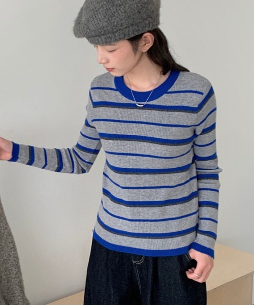Vipoa(ヴィポア)の「カラーボーダーリブトップス(Tシャツ/カットソー・レディース・ベージュ/グレー/ブラウン/アイボリー・FREE)」の12枚目の写真