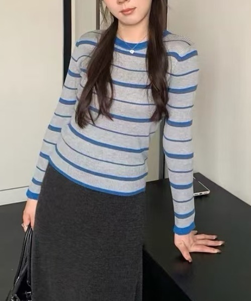 Vipoa(ヴィポア)の「カラーボーダーリブトップス(Tシャツ/カットソー・レディース・ベージュ/グレー/ブラウン/アイボリー・FREE)」の9枚目の写真