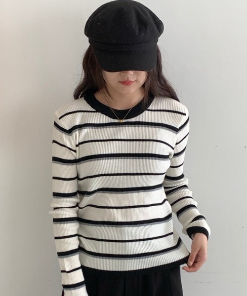 Vipoa(ヴィポア)の「カラーボーダーリブトップス(Tシャツ/カットソー・レディース・ベージュ/グレー/ブラウン/アイボリー・FREE)」の16枚目の写真