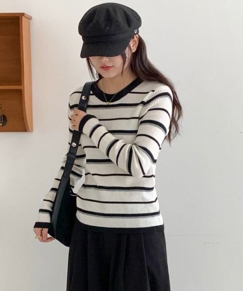 Vipoa(ヴィポア)の「カラーボーダーリブトップス(Tシャツ/カットソー・レディース・ベージュ/グレー/ブラウン/アイボリー・FREE)」の14枚目の写真