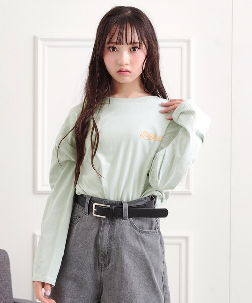 PINK-latte(ピンクラテ)の「◆配色ステッチロンT(Tシャツ/カットソー・キッズ・ライトグレー/ダークグリーン/ライトベージュ/オフホワイト/ブラック・13/16/15 /14)」の5枚目の写真