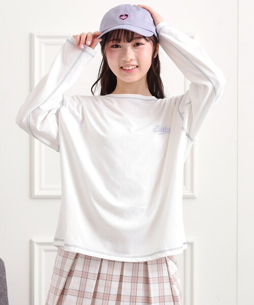 PINK-latte(ピンクラテ)の「◆配色ステッチロンT(Tシャツ/カットソー・キッズ・ライトグレー/ダークグリーン/ライトベージュ/オフホワイト/ブラック・13/16/15 /14)」の13枚目の写真