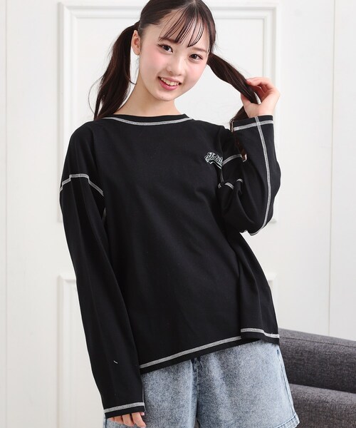 PINK-latte(ピンクラテ)の「◆配色ステッチロンT(Tシャツ/カットソー・キッズ・ライトグレー/ダークグリーン/ライトベージュ/オフホワイト/ブラック・13/16/15 /14)」の17枚目の写真