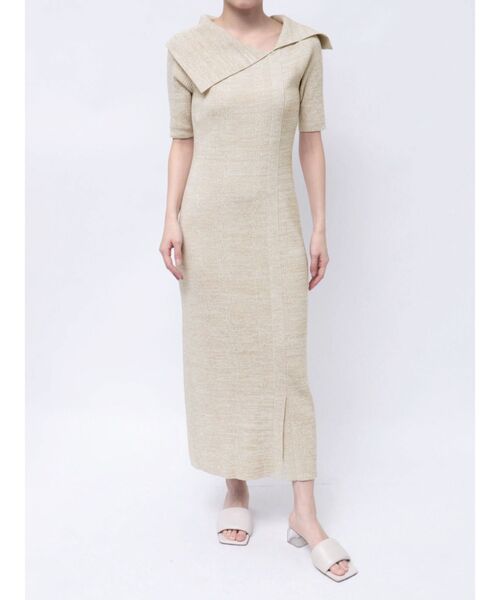 LAGUNAMOON（ラグナムーン）の「アシメネックリブハーフスリーブニットワンピース（ワンピース・レディース・アイボリー/ブラック/ライトグレー・MEDIUM/SMALL）」の9枚目の写真