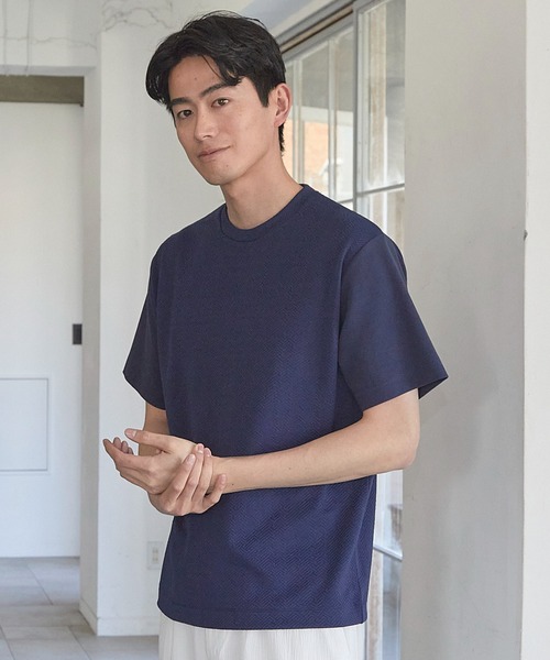 UNION STATION（ユニオンステーション）の「リンクスジャガード シェブロン柄Tシャツ（Tシャツ/カットソー・メンズ・ピンク/ホワイト/ネイビー/ライトグレー・S/M/L/LL）」の3枚目の写真