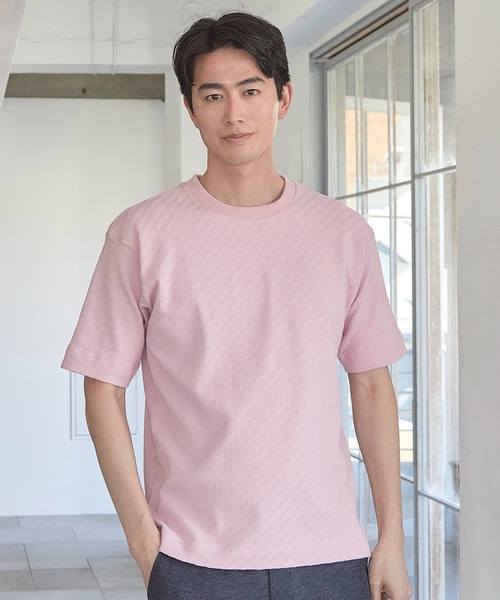 UNION STATION（ユニオンステーション）の「リンクスジャガード シェブロン柄Tシャツ（Tシャツ/カットソー・メンズ・ピンク/ホワイト/ネイビー/ライトグレー・S/M/L/LL）」の4枚目の写真