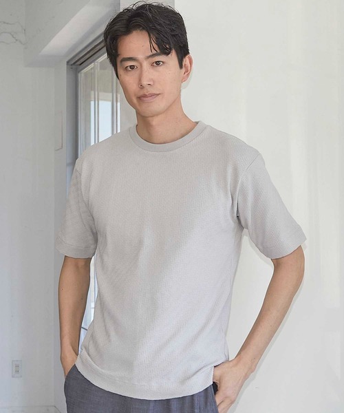 UNION STATION（ユニオンステーション）の「リンクスジャガード シェブロン柄Tシャツ（Tシャツ/カットソー・メンズ・ピンク/ホワイト/ネイビー/ライトグレー・S/M/L/LL）」の2枚目の写真