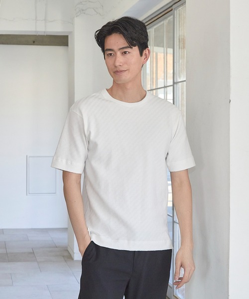 UNION STATION（ユニオンステーション）の「リンクスジャガード シェブロン柄Tシャツ（Tシャツ/カットソー・メンズ・ピンク/ホワイト/ネイビー/ライトグレー・S/M/L/LL）」の7枚目の写真