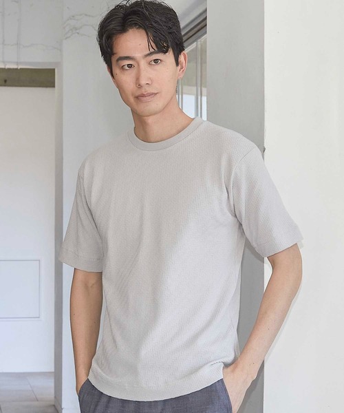 UNION STATION（ユニオンステーション）の「リンクスジャガード シェブロン柄Tシャツ（Tシャツ/カットソー・メンズ・ピンク/ホワイト/ネイビー/ライトグレー・S/M/L/LL）」の10枚目の写真