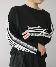 c.u.l（シーユーエル）の「サイドライン フリルレースリボン ロングTシャツ 春/秋 culw812（Tシャツ/カットソー）」
