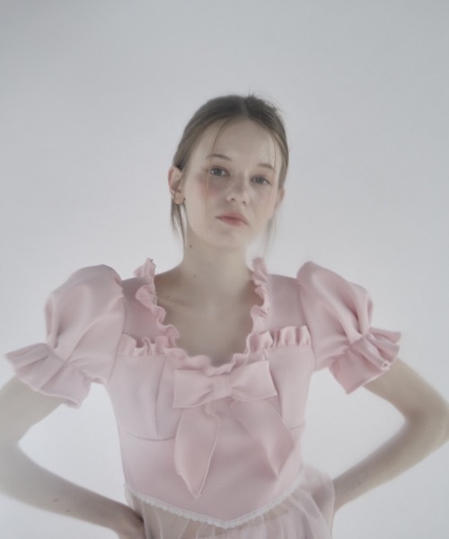 lilLilly（リルリリー）の「ワッフルリボンオーガンジーフリルトップス【セットアップ対応】（Tシャツ/カットソー・レディース・グレー/ブラック/ミント/ピンク・FREE）」の4枚目の写真