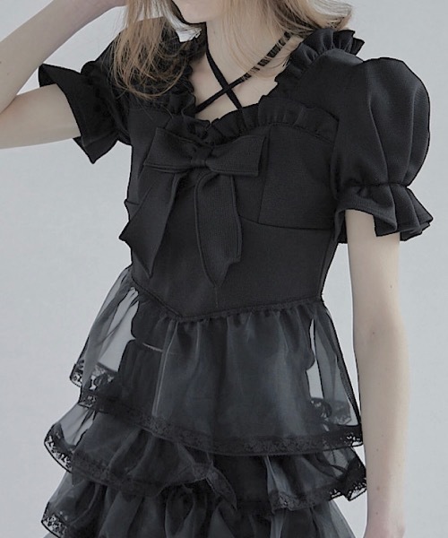 lilLilly（リルリリー）の「ワッフルリボンオーガンジーフリルトップス【セットアップ対応】（Tシャツ/カットソー・レディース・グレー/ブラック/ミント/ピンク・FREE）」の2枚目の写真