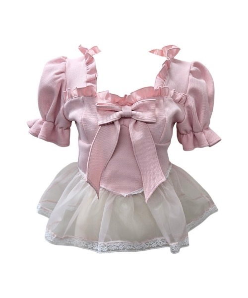 lilLilly（リルリリー）の「ワッフルリボンオーガンジーフリルトップス【セットアップ対応】（Tシャツ/カットソー・レディース・グレー/ブラック/ミント/ピンク・FREE）」の5枚目の写真