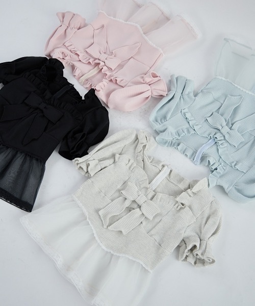 lilLilly（リルリリー）の「ワッフルリボンオーガンジーフリルトップス【セットアップ対応】（Tシャツ/カットソー・レディース・グレー/ブラック/ミント/ピンク・FREE）」の7枚目の写真