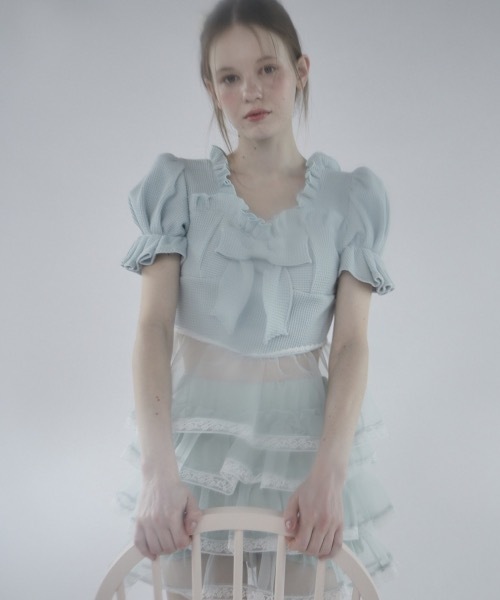 lilLilly（リルリリー）の「ワッフルリボンオーガンジーフリルトップス【セットアップ対応】（Tシャツ/カットソー・レディース・グレー/ブラック/ミント/ピンク・FREE）」の13枚目の写真