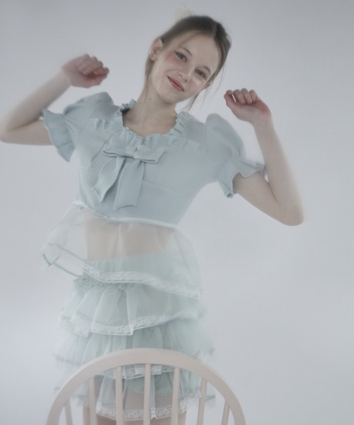 lilLilly（リルリリー）の「ワッフルリボンオーガンジーフリルトップス【セットアップ対応】（Tシャツ/カットソー・レディース・グレー/ブラック/ミント/ピンク・FREE）」の16枚目の写真