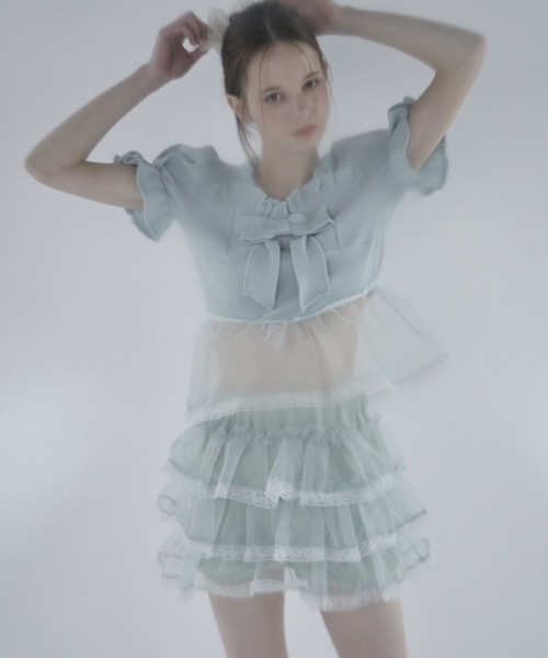 LITTLE　lilLilly リルリリー　オーガンジーフリルアームビスチェ　白 lilLilly（リルリリー）の「ギンガムオーガンジーフリルドレス