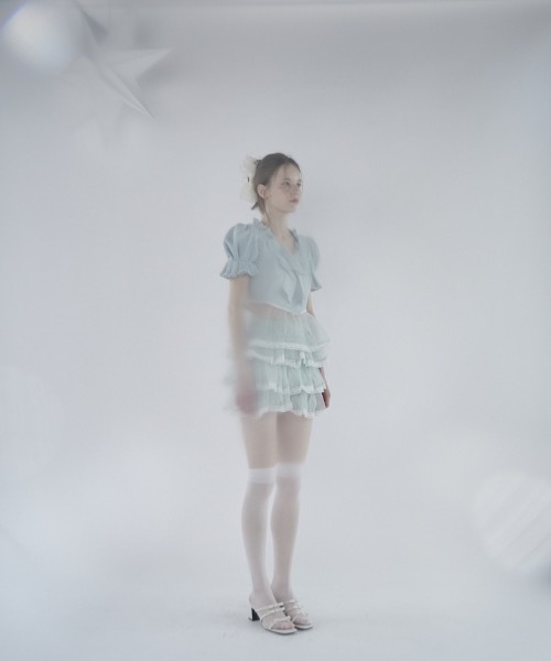 lilLilly（リルリリー）の「ワッフルリボンオーガンジーフリルトップス【セットアップ対応】（Tシャツ/カットソー・レディース・グレー/ブラック/ミント/ピンク・FREE）」の12枚目の写真