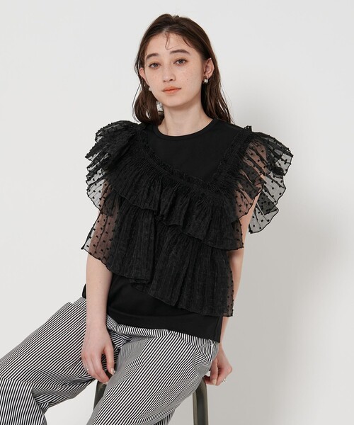セール】プリーツフリル コンビ カットソー BLK（Tシャツ